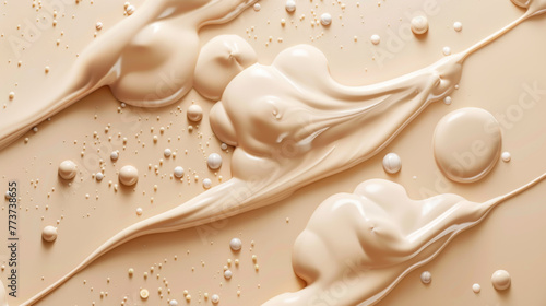 A swirled beige liquid with droplets is spread across a surface.