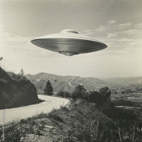 Retro black and white photograph news style 1960s sci-fi science fiction vintage alien UFO flying saucer journalistic hoax conspiracy theory concepts