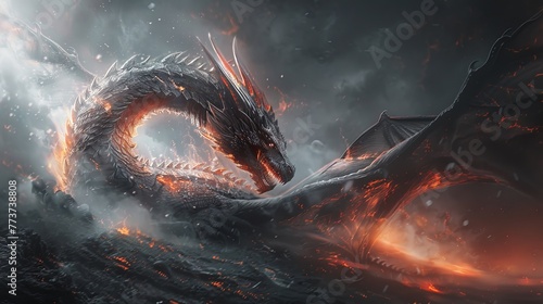 Create a haunting image featuring an evil black dragon © Supasin