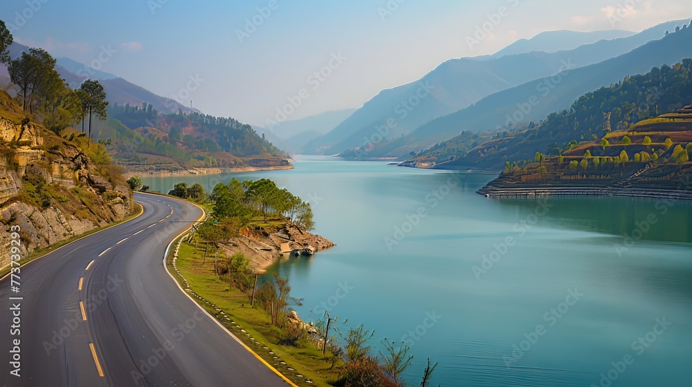The highway cuts a picturesque path through the tranquil expanse of the lake, offering a scenic drive amidst serene waters and natural beauty The highway cuts a picturesque path through the tranquil expanse of the lake, offering a scenic drive amidst serene waters and natural beauty