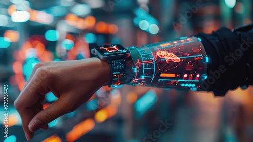 close-up of a person's wrist wearing a smartwatch that displays a futuristic holographic human anatomy diagram
