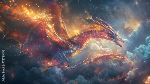 Create an enchanting fantasy image featuring a majestic dragon © Supasin