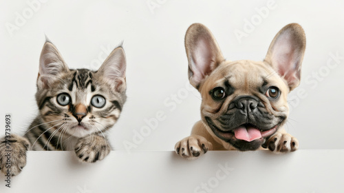 A cat and a dog peer over a ledge, with wide eyes and tongues out, in a display of adorable curiosity.