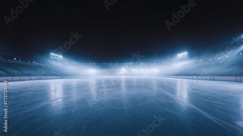 Empty illuminated ice hockey rink
