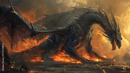 Generate a captivating image with an evil black dragon