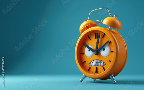 Cartoon character angry alarm clock on a blue isolated background with acopy space photo
