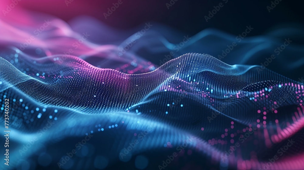 Fototapeta premium Abstract Waving Particle Technology Background Design. Abstract wave moving dots flow particles, hi-tech and big data background design for brochu, AI Generative