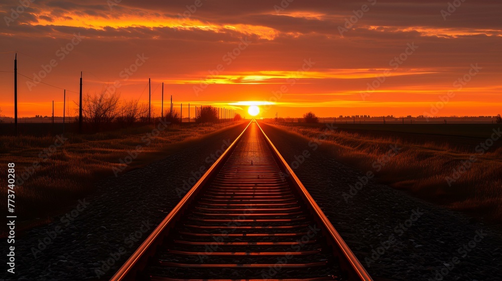 An orange sunset with the sun sinking into the horizon, track photography, romanticism, AI Generative