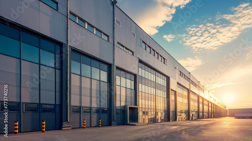 Warm sunset hues bathe a modern warehouse exterior, featuring reflective windows and expansive doors for logistics operations