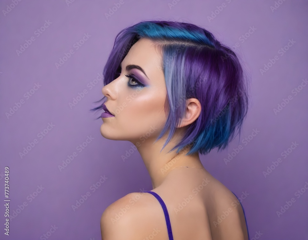 Purple-Hued Woman Vivid Hair, Stunning Makeup Purple-Hued Woman Vivid Hair, Stunning Makeup
