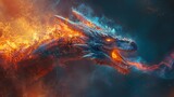 Illustrate a powerful image with a dragon exhaling fire