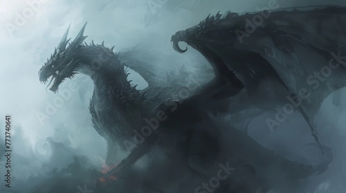 Illustrate a foreboding scene with an evil black dragon © Supasin