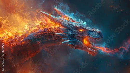 Illustrate a powerful image with a dragon exhaling fire