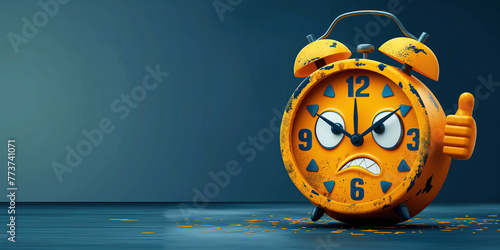 Cartoon character angry sad yellow alarm clock pointing hands on a blue background with copy space. Deadline photo