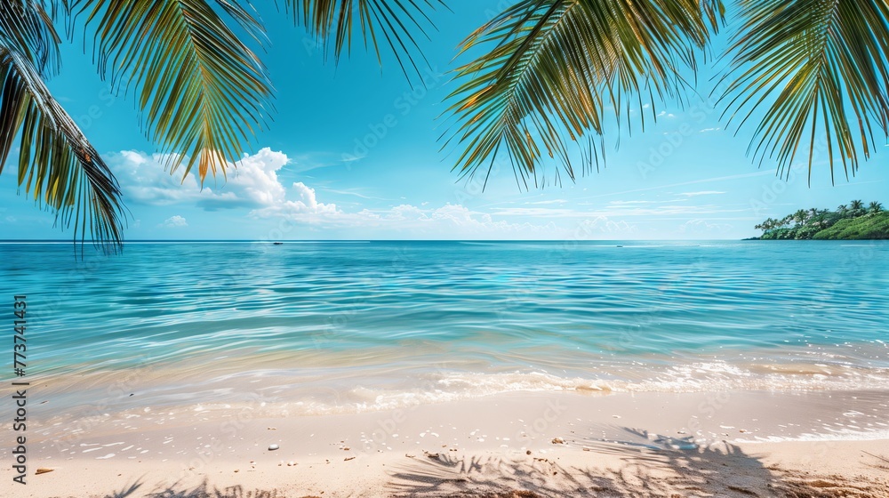 seascape and sun on a blue sky background. Summer background.