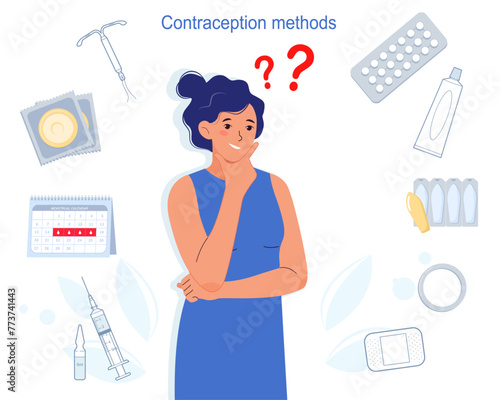 Young woman choosing method of contraceptive. Birth control methods and options. Oral hormonal contraceptives, condoms. Vector illustration isolated white background
