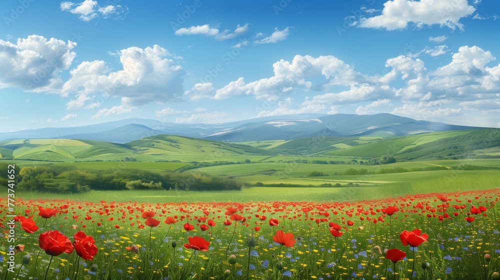 spring and summer landscape with trees and flowers. Summer background.