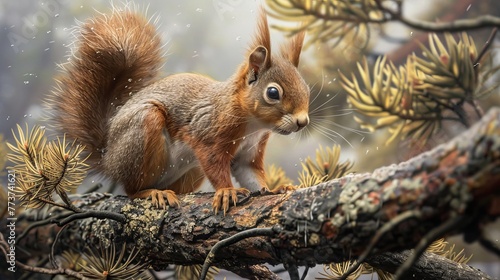 Squirrel on Snowy Branch in Winter Forest © Parintron
