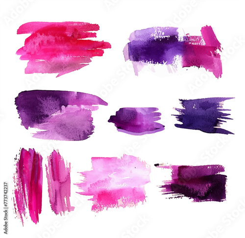 Watercolor paint brush strokes set, pink and purple color palette, vector illustration on white background