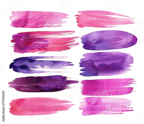 Watercolor paint brush strokes set, pink and purple color palette, vector illustration on white background