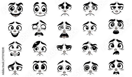 A set of vector expressions of cartoon faces,  Different emotions and postures. Vector illustration. photo