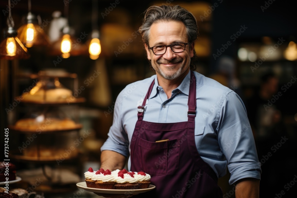 Smiling Chef Presenting Raspberry Cake Smiling Chef Presenting Raspberry Cake