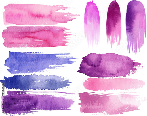 Watercolor paint brush strokes set, pink and purple color palette, vector illustration on white background