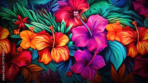 Colorful tropical flowers and green leaves illustration.