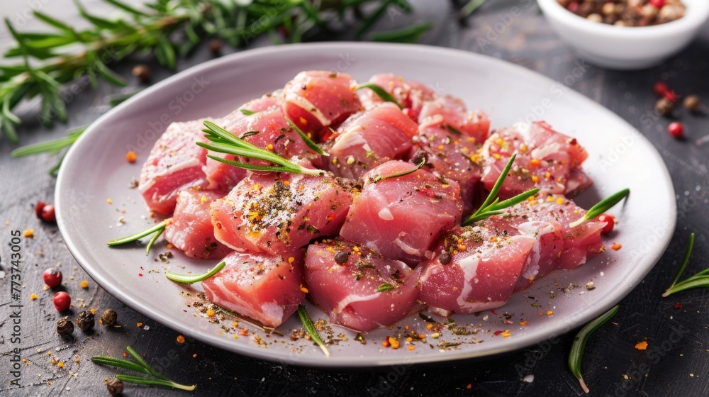 Raw diced meat seasoned with spices and rosemary. Raw diced meat seasoned with spices and rosemary.