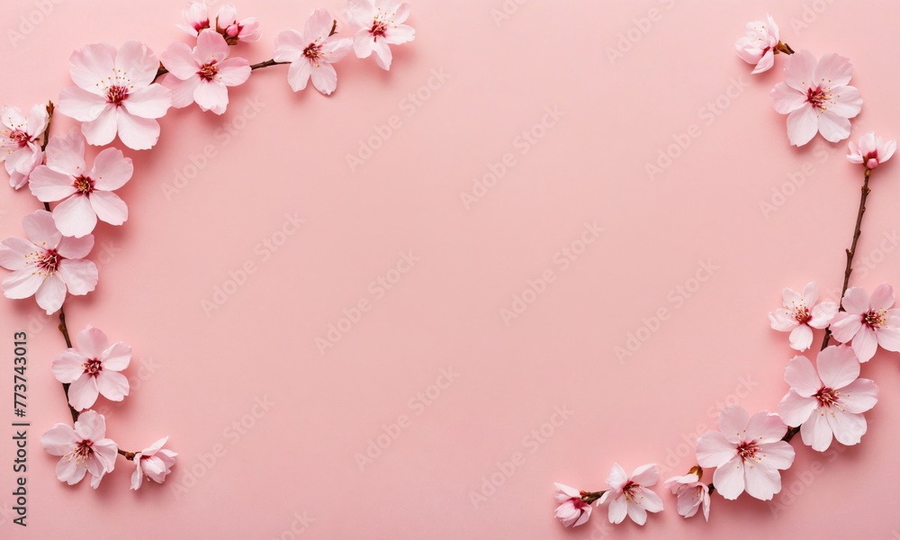 A graceful arrangement of sakura blossoms forming a border on a soft pink backdrop.