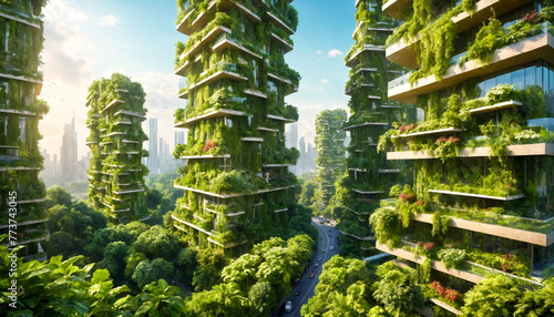 Twin towers adorned with greenery soar above the cityscape  exemplifying eco-friendly design amidst urban development