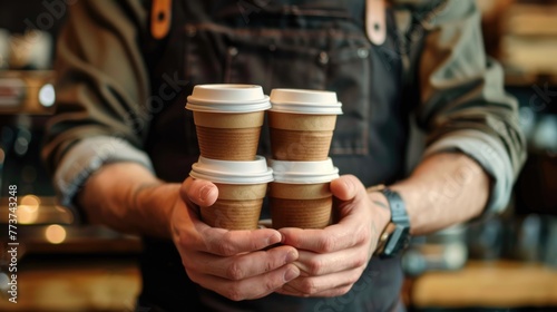 Barista holding multiple take-away coffee cups.