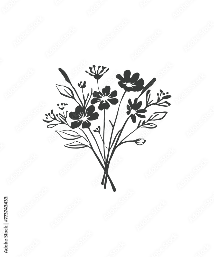 Hand drawn line art minimalist bouquet illustration. Abstract rough flower drawing. Floral and botanical clipart. Elegant branches in bouquets for florist branding and wedding stationery.