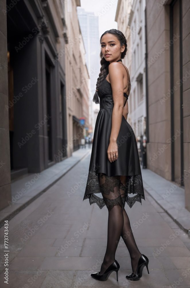 A woman stands with poise in a stylish black dress, stocking and high heels, her hair braided over one shoulder, adorned with a striking setting of an arcade-style corridor