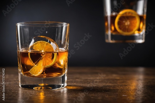 Front angle close up view of a glass of whiskey with flamed orange oil photo