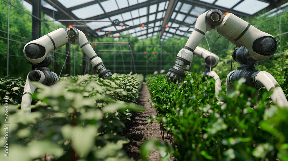 Autonomous robotic arms caring for plants in a greenhouse, highlighting innovation in agriculture Autonomous robotic arms caring for plants in a greenhouse, highlighting innovation in agriculture