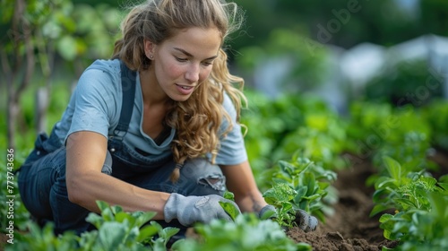 Female gardener planting vegetables in organic farm garden.