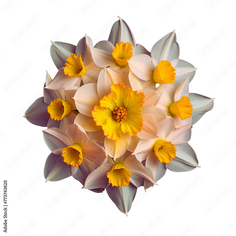 Fototapeta premium Bright Yellow Daffodils Arranged in a Spherical Bouquet on white and transparent png background