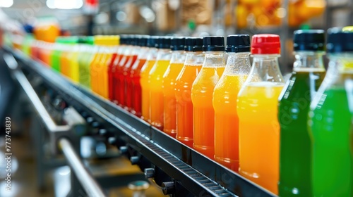 Assorted colorful soft drink bottles on production line conveyor.