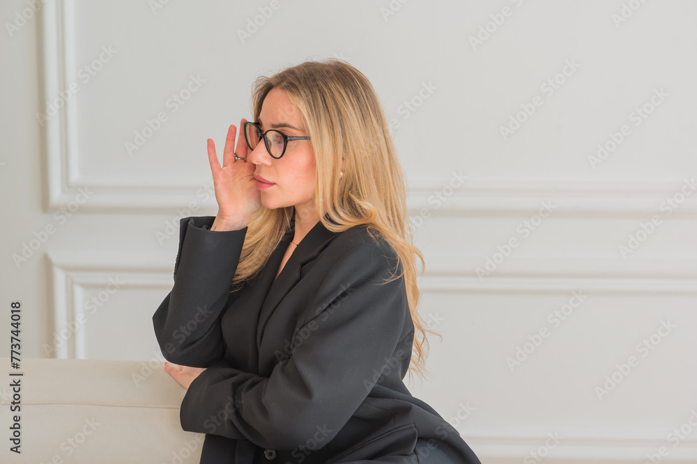 Business woman in black oversize jacket, fashionable outfit for work. Concept of modern lady lifestyle Business woman in black oversize jacket, fashionable outfit for work. Concept of modern lady lifestyle