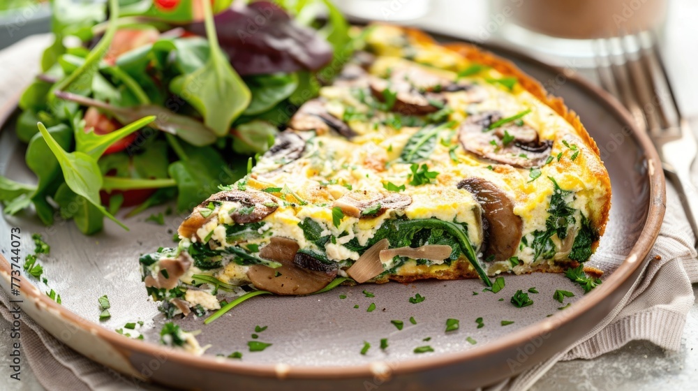 Sliced mushroom and spinach frittata on a plate with salad side. Sliced mushroom and spinach frittata on a plate with salad side.
