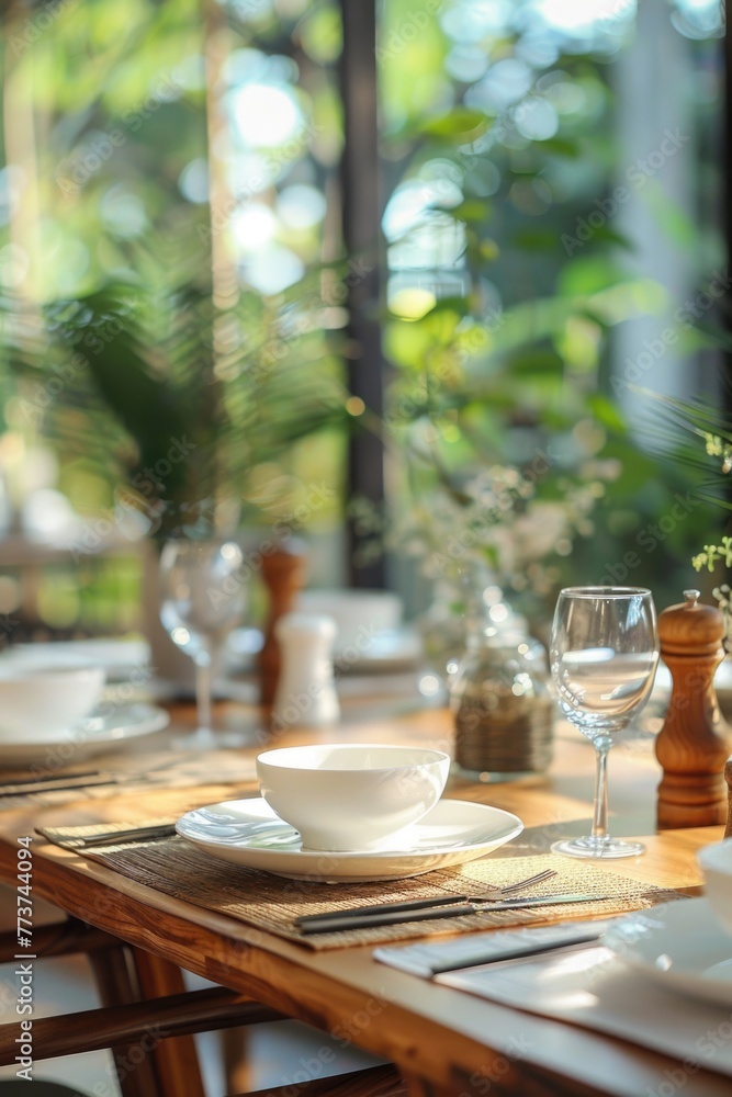 Elegant table setting in sunny dining room. Interior photography with natural light.