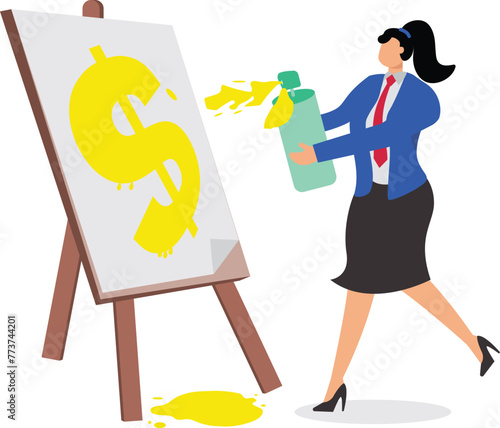 New business plans, ambitions and pursuits, strategic planning, customized goals, businesswomen with a paintbrush drawing dollar signs on a drawing board