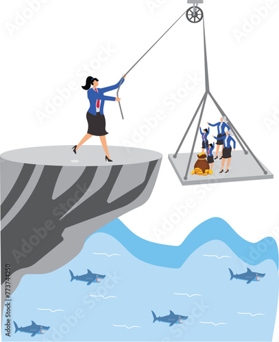 Women's responsibilities and pressures in the family, supporting parents and children, financial pressures in the family, isometric male businesswomen stand at the top of the hierarchy trying to pull 