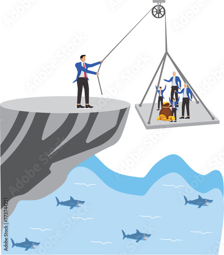 Men's responsibilities and pressures in the family, supporting parents and children, financial pressures in the family, isometric male businessmen stand at the top of the hierarchy trying to pull up t