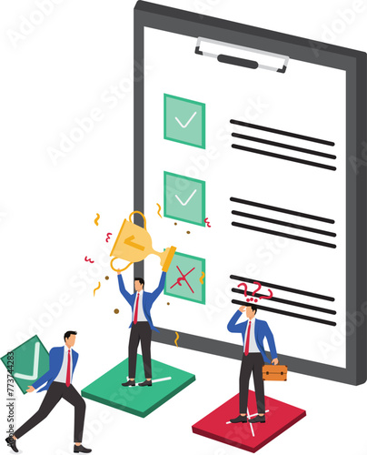Completion of task lists, checklist list job checking, project progress process, questionnaire or project evaluation, isometric traders complete check marking jobs on check boxes of list lists on clip
