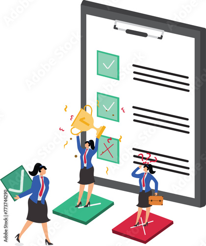 Completion of task lists, checklist list job checking, project progress process, questionnaire or project evaluation, isometric traders complete check marking jobs on check boxes of list lists on clip