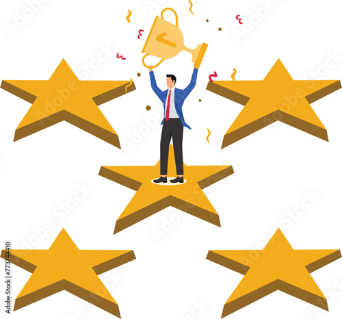 Best Employee  Best Candidate  Best Quality   Top Performance  Best Feedback   Ratings  Satisfaction   User Experience Feedback  Isometric Merchants Standing Inside Five Stars With Trophies