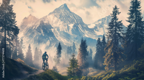 An awe-inspiring image of a lone cyclist on a mountain trail, with a cinematic mountain peak in the background
