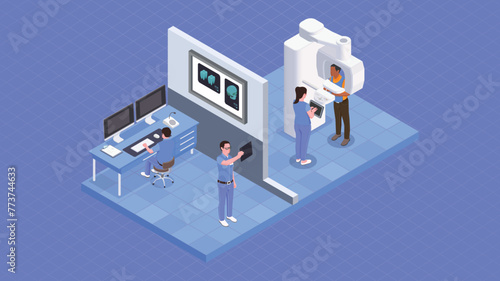 Medical 3d isometric x ray scanning vector illustration. Doctor checking examining chest x ray film of patient.